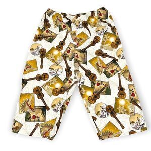 Y2K Vintage Hilo Hattie Cotton Capri Pants Wide Leg Surfer Ukulele Beach Print